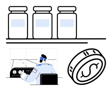 Three pharmaceutical bottles on a shelf, a person in medical attire adjusting a control panel, and a dollar coin. Ideal for healthcare, finance, pharmaceuticals, biotechnology, economic studies clipart