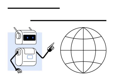 Robot meridyen çizgileriyle kollarını küreye doğru uzatıyor. Teknoloji, yapay zeka, küresel iletişim, eğitim, yenilik, ağ, robot bilimi için idealdir. Satır metaforu