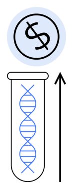 DNA sarmalı yukarı doğru ok ile test tüpü ve dolar sembolü biyoteknolojinin finansal büyümesini vurguluyor. Bilim yatırımı, genetik araştırma, biyoteknoloji, ekonomi, yenilik, finans, ilerleme için ideal