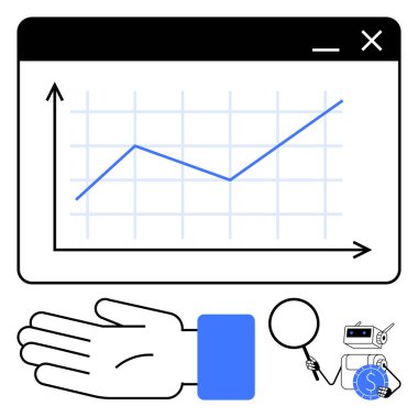 Büyüme grafiği, el, büyüteç, mavi kollu kol, büyüteç ve bozuk para tutan robot, yükselme eğilimi çizgisi. İş, finans, analiz teknolojisi yatırım veri yönetimi için ideal