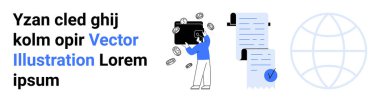 Cüzdanı ve parası olan kişi, kontrol listesi, dünya ikonu. Finans uygulamaları, e-ticaret, çevrimiçi ödemeler, küresel işlemler, dijital faturalar, finansal yönetim, teknoloji platformları için ideal. İniş sayfası