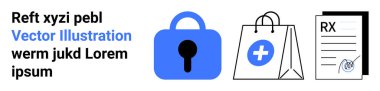 Kilit simgesi, tıbbi haçlı bir alışveriş çantası ve çevrimiçi güvenlik, alışveriş ve sağlık bilgilerini vurgulayan reçeteli bir belge. E-ticaret, sağlık, güvenlik ve İnternet için ideal