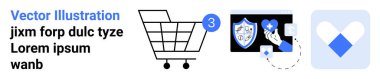 3 tebligatlı alışveriş arabası ikonu, mavi kalkan ve ilaç sembolü, soyut kalp ikonu. E-ticaret, çevrimiçi alışveriş, kullanıcı arayüzü, sağlık, güvenlik, bildirimler ve dijital için ideal