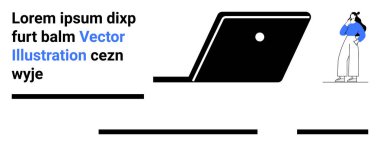 Laptop büyük ekran ve düğme ile ileri açılı. Mavi bluzlu, beyaz pantolonlu, elleri çenesinde bir karakter. Teknoloji, iş dünyası, eğitim, pazarlama, uzak çalışma ve sunumlar için ideal
