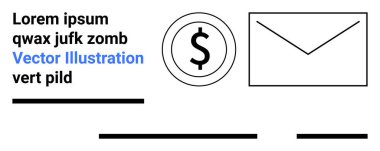 Dolar işareti, zarf, metin ve satırlar çok yönlü bir düzene entegre edilmiş. İş siteleri, finans blogları, pazarlama materyalleri, e-posta bültenleri, e-ticaret platformları, dijital