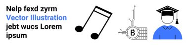 Müzik notası, bitcoin devresi ve kep ve cübbe ile mezun. Eğitim, teknoloji, müzik, finans, kripto para birimi, akademik başarı, dijital para birimi temaları için idealdir. İniş sayfası