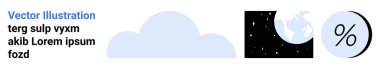Bulut şekli, yıldızlı ve aylı gece gökyüzü, dünya haritası bölümü, yüzde işareti. Hava durumu uygulamaları, eğitim siteleri, finans hizmetleri, küresel veri genel değerlendirmeleri, gece temaları, web sayfaları için ideal