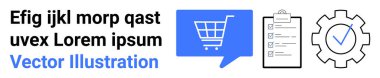 Metin bloğu, konuşma balonunda alışveriş arabası, panoda kontrol listesi, işaretli teçhizat. E-ticaret, dijital pazarlama, çevrimiçi alışveriş, proje yönetimi, kalite güvencesi, iş