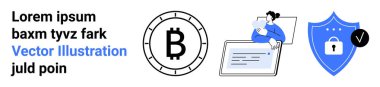 Bitcoin symbol, person with laptop, blue shield icon with lock. Ideal for cryptocurrency, blockchain technology, online security, digital transactions, fintech solutions, data protection, landing clipart