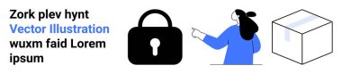 Mavi ceketli kadın karakter Lorem ipsum 'un yanındaki asma kilidi işaret ediyor. Güvenlik, teknoloji, e-ticaret, mahremiyet, veri koruması, dağıtım hizmetleri ve eğitim için ideal