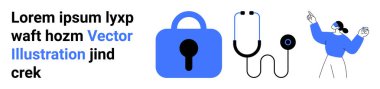 Mavi kilit, sağlık hizmetlerini temsil eden siyah beyaz steteskopun yanında güvenliği simgeliyor. Yanında da el kol hareketi yapan biri var. Teknoloji güvenliği, sağlık hizmetleri, çevrimiçi eğitim, tıbbi uygulamalar için ideal