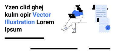 Dizüstü bilgisayarı olan bir kadın, yer tutucu mesajı, işaretli büyük bir belge ve soyut çizgiler. Web siteleri, bloglar, sunumlar, dijital pazarlama, iş raporları, eğitim materyalleri için ideal