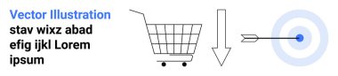 Shopping cart, downward arrow, and dart hitting the bullseye. Ideal for e-commerce, marketing, sales strategy, customer targeting, conversion optimization, advertising campaign, and business growth clipart