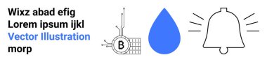 Bitcoin devre kartı, mavi su damlası, alarm zili. Engelleme zinciri, kripto para birimi, teknoloji, finans, su tasarrufu, bildirimler ve kullanıcı arayüzleri için ideal. İniş sayfası
