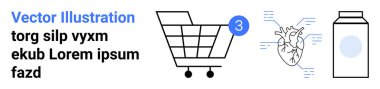 Bildirimli alışveriş arabası ikonu, anatomik kalp diyagramı ve süt kutusu resmi. Sağlık, alışveriş, beslenme, e-ticaret, yaşam tarzı, zindelik ve sağlık için ideal. İniş sayfası