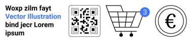 Bildirimli alışveriş arabası ikonu, QR kodu, Euro sembolü ve e-ticaret için yer tutucu metni. Çevrimiçi alışveriş, mobil uygulamalar, dijital ödemeler, perakende pazarlama ve kullanıcı arayüzleri için ideal