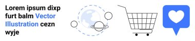 Gezegen, alışveriş arabası ve kalp ikonu içeren minimalist tasarım. E-ticaret, teknoloji, sosyal medya, yenilik, pazarlama, küresel iletişim ve dijital ağ için ideal. Pankart