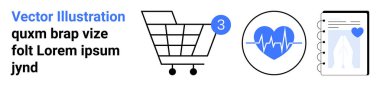 Sayı göstergesi olan alışveriş arabası, kalp atışı ikonu ve kalbi olan bir defter. Çevrimiçi alışveriş, sağlık uygulamaları, tıbbi kayıtlar, fitness izleme, e-ticaret, dijital planlamacılar, web tasarımı için ideal