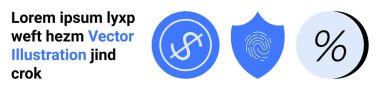 Metin, bir çemberde dolar sembolü, bir kalkanın içinde parmak izi ve yüzde sembolünün yanında belirir. Finans, güvenlik, pazarlama, veri analizi, uygulama tasarımı, web tasarımı için ideal
