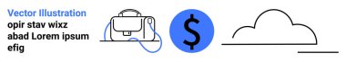 Siyah ve mavi iş çantası, dolar sembolü ve bulut çizgisi sanatı. Finans, iş, seyahat, eğitim, teknoloji, e-ticaret ve web tasarımı için ideal. İniş sayfası
