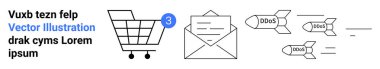 Tebligatlı alışveriş arabası, e-posta yazışmalarını temsil eden zarf ve DDoS saldırı füzeleri. Siber güvenlik, çevrimiçi alışveriş, e-posta hizmetleri, dijital tehditler, bildirimler için ideal