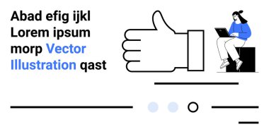 Thumbs-up icon, placeholder text, female character with laptop, horizontal lines, dots. Ideal for website design, UI concepts, digital media, modern interfaces, user interaction, approvals clipart