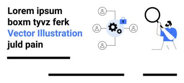 Ağları, dişlileri ve kilidi analiz eden adam güvenliği, birbirine bağlı kullanıcıları temsil ediyor. İş analizi, ağ güvenliği, bilişim çözümleri, veri koruması, takım çalışması, araştırma, çevrimiçi için ideal