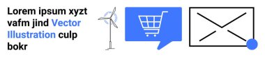 Rüzgar türbini, alışveriş arabasının sohbet balonunda sembolü ve zarf. Sürdürülebilir enerji, e-ticaret, iletişim, dijital pazarlama, çevrimiçi alışveriş, e-posta pazarlama ve teknoloji için ideal
