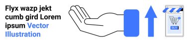 Satın alma düğmesi olan e-ticaret alışveriş arabasının yanında, büyümeyi gösteren yukarı doğru ok olan bir kutuyu destekleyen el. İş, büyüme, e-ticaret, pazarlama, çevrimiçi alışveriş, satış için ideal