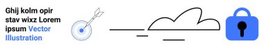 Anahtar delikli mavi kilit, hedefi tam isabet ettiren dart ve soyut çizgili bulut. Güvenlik, teknoloji, hedef belirleme, bulut hizmetleri, veri koruması, iş dünyası, dijital illüstrasyon için ideal