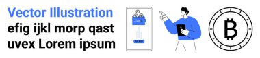Uygulama ekranı gösteren akıllı telefon, uygulamayı gösteren kişi, Bitcoin sembolü. Fintech, kripto para birimi, uygulama geliştirme, UIUX tasarımı, teknoloji, dijital finans için ideal. İniş sayfası
