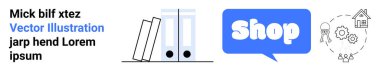 Kitaplığı olan mavi ve beyaz tema, Dükkan metin balonu ikonu ve bağlı vites ağı. İşletmeler, çevrimiçi mağazalar, ofis malzemeleri, teknoloji ve e-ticaret için ideal. İniş sayfası için pankart