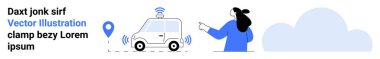 Person interacting with a self-driving car using a smartphone. Image includes a location pin and a large cloud. Ideal for technology, innovation, transportation, smart cities, autonomous vehicles clipart