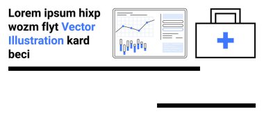 Veri içeren grafiksel çizelge mavi haçlı tıbbi evrak çantası siyah ve mavi renkli lorem ipsum metni. Sağlık hizmetleri veri analizi, tıbbi raporlar, dijital arayüzler, iş dünyası, sunum için ideal