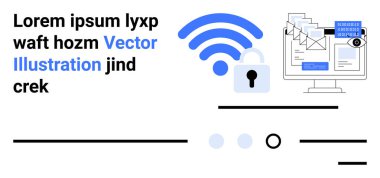 kablosuz sembol, kilit, bilgisayar monitörü, e-posta iletileri, mavi ve siyah renk şeması, soyut elemanlar. Siber güvenlik, ağ güvenliği, çevrimiçi güvenlik, veri koruması ve teknoloji için ideal