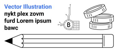 Bir yığın bozuk para, dijital Bitcoin sembolü ve büyük bir kalem. Finans, eğitim, teknoloji, engelleme zinciri, dijital para birimi, yatırım ve içerik yaratma temaları için ideal. İniş sayfası