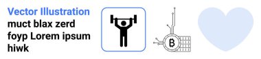 Ağırlık kaldırma ikonu, devreli dijital Bitcoin sembolü ve büyük mavi kalp şekli. Fitness, kripto para birimi, finans, teknoloji, sağlık, aşk, motivasyon için ideal. İniş sayfası