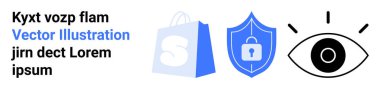 Mavi bir alışveriş çantası, üzerinde kilit sembolü olan mavi bir kalkan ve mor bir göz içeriyor. E-ticaret, çevrimiçi güvenlik, gizlilik, gözetleme ve dijital işlem temaları için ideal. İniş sayfası