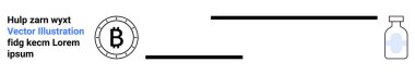 Solunda yazı olan Bitcoin sembolü ve sağında siyah çizgilerle birbirine bağlı ilaç şişesi. Kripto para birimi, dijital finans, sağlık, tıp, yatırımlar, engelleme zinciri, teknoloji için ideal
