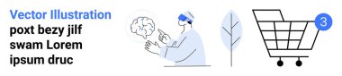 Beyin simülasyonu için VR kulaklık kullanan bir adam. Minimalist yaprak sembolü. Uyarı balonlu alışveriş arabası. Teknoloji, çevre, e-ticaret, dijital dönüşüm, tüketici davranışı için ideal