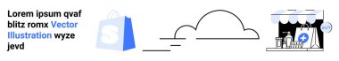 Alışveriş torbası, bulut ve mağaza vitrinli minimalist grafik. Çevrimiçi alışveriş, e-ticaret platformları, perakende pazarlama, modern tasarımlar ve iş tanıtımı için ideal. İniş sayfası
