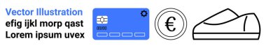 Çipli kredi kartı, vites simgesi, daire şeklinde Avrupa sembolü, ayakkabı silueti, yer tutucu metni. Finansal hizmetler, e-ticaret, döviz kuru, çevrimiçi alışveriş, perakende satış, fintech, iş dünyası için ideal
