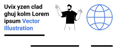 Erkek gösterme, metin bloğu, dünya simgesi ve minimalist çizgiler. Web siteleri, pazarlama, sunumlar, öğretim, bilgi grafikleri, e-öğrenim işi iniş sayfası için ideal