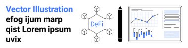 Çubuk ve çizgi çizelgelerini gösteren altıgen blok zincir yapısı, kalem ve analitik gösterge paneli olan DeFi sembolü. Fintech, engelleme zinciri, analitik, yatırım, kripto para birimi, dijital finans için ideal