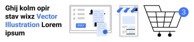 Laptop ödeme işleme ekranını gösteriyor, vitrinde belge var, alışveriş arabasında 3 numara var. E-ticaret, çevrimiçi işlemler, dijital mağazalar, web alışverişi, teknoloji hizmetleri için ideal