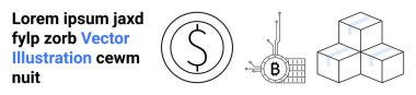 Çemberin içinde büyük bir dolar işareti, Bitcoin sembollü bir devre kartı ve üç yığın küp. Finansal teknoloji, kripto para birimi, engelleme zinciri, veri depolama, bankacılık, dijital