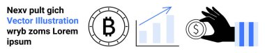 Bitcoin sembolü, yukarı doğru çizgili ok, el ele tutuşan para ve metin. Finansal uygulamalar, kripto para birimi web siteleri, yatırım platformları, engelleme zinciri eğitimi, fintech pazarlama, ticaret için ideal