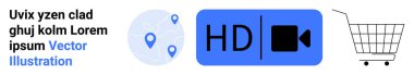 Alışveriş arabası ve yüksek çözünürlüklü video yayın simgesi açık mavi çemberdeki harita nokta sembolleri. Çevrimiçi alışveriş, dijital pazarlama, teknoloji, video akışı, navigasyon, ekommerce için ideal