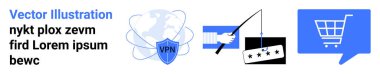 VPN kalkanı, alışveriş arabası ve olta kancası çevrimiçi güvenlik ve dijital işlemleri temsil ediyor. Siber güvenlik, e-ticaret, çevrimiçi mahremiyet, web güvenliği, site güveni, veri koruması, dijital