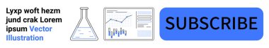 Laboratuvar deney şişesi, finansal tablolar ve metin ve nazik renklerle betimlenmiş abone düğmesi. Pazarlama, analitik, abonelik, finans, veri analizi, bilimsel araştırma, iş için ideal